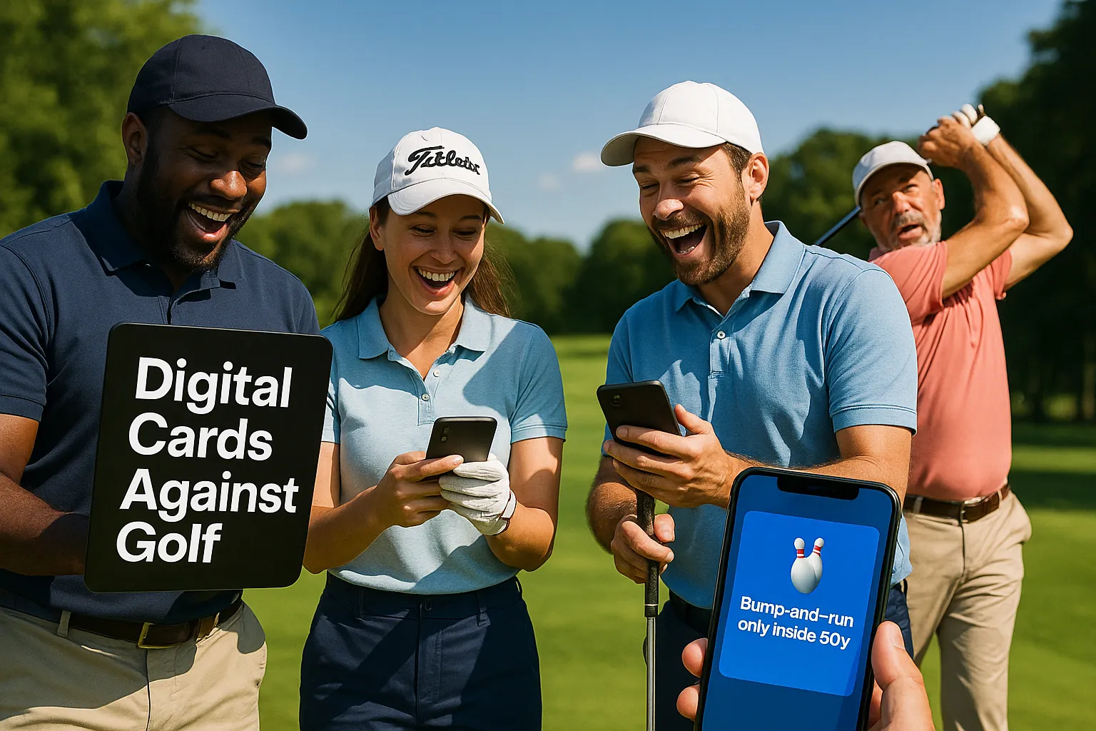 Four golfers laughing on a tee while a phone shows a Digital Cards Against Golf rule card