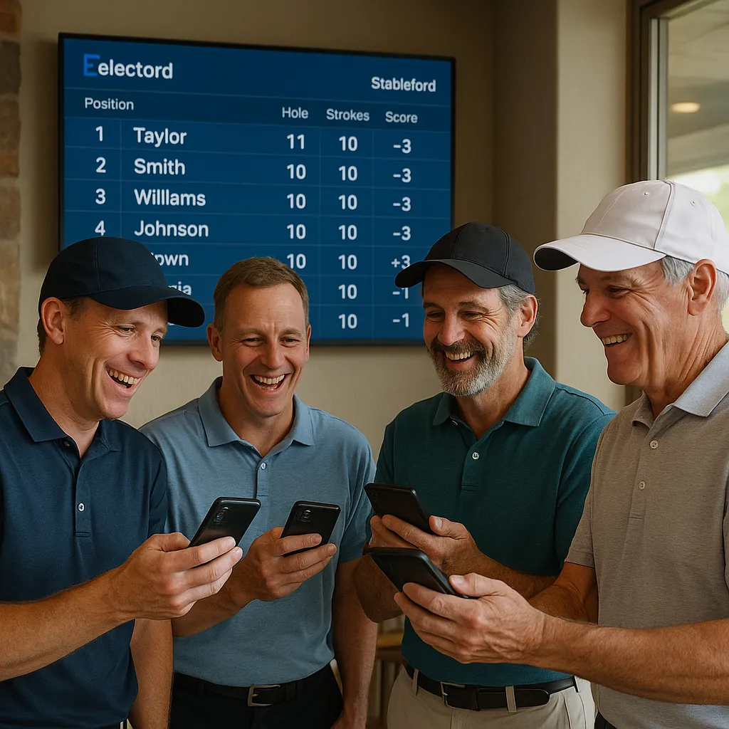 Golfers smiling with phones out while a big-screen live leaderboard updates in the clubhouse