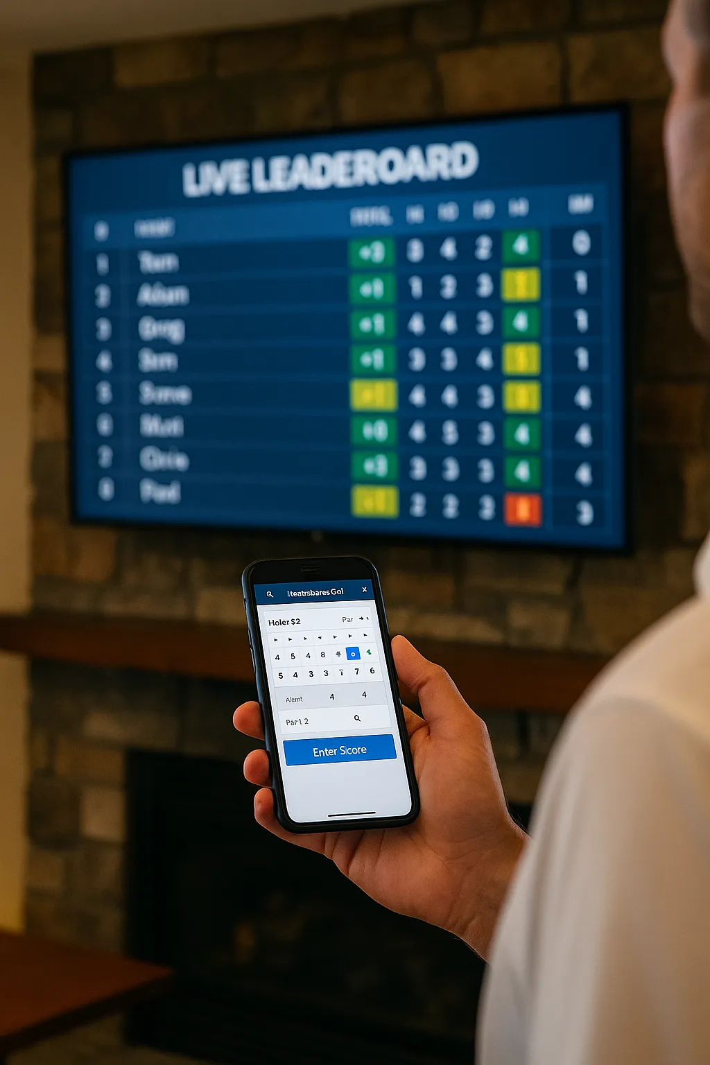 Golfers entering scores on phones as a live leaderboard updates on a clubhouse TV